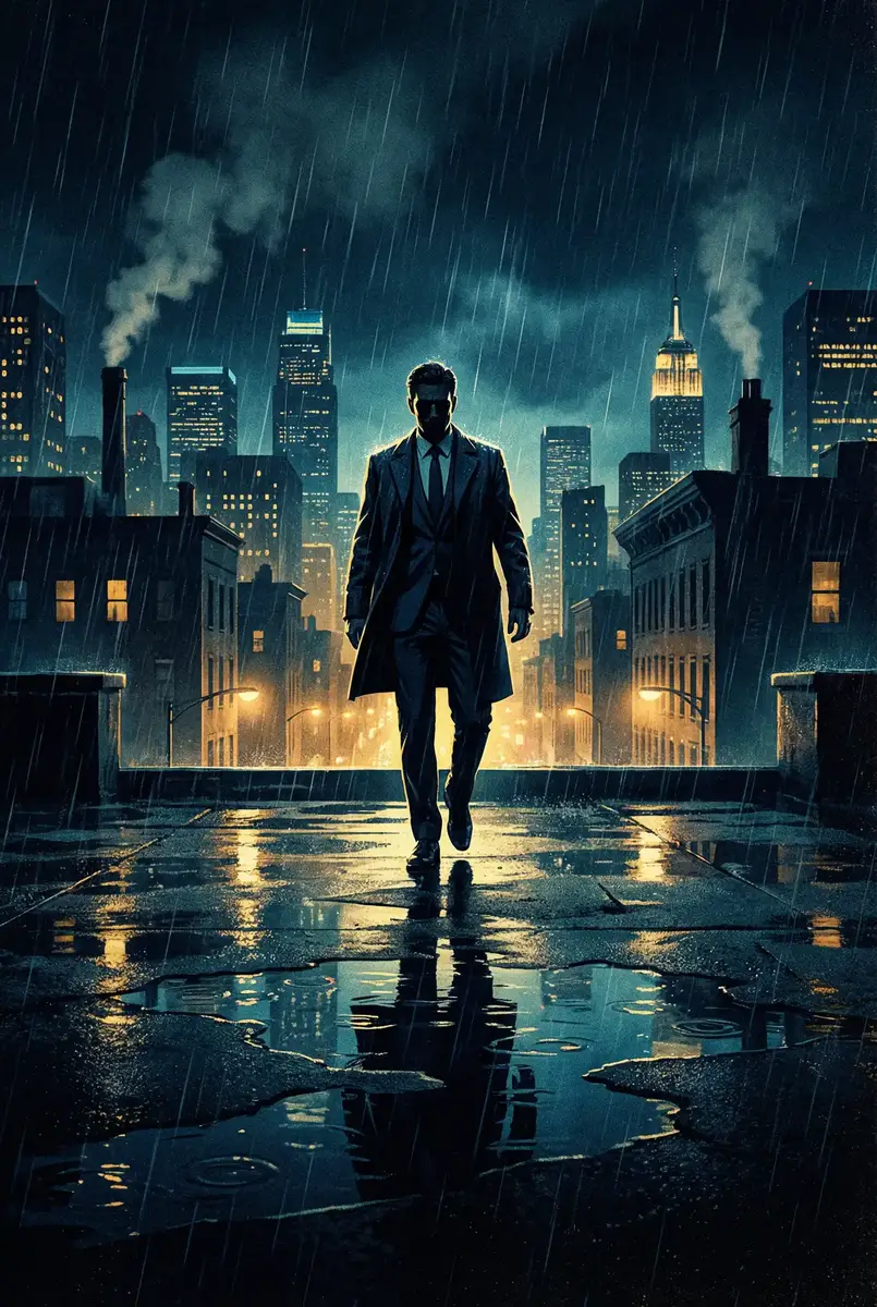 饥渴公与妇HD中文字幕 出品影片《雨夜独行者》海报，雨中城市屋顶男性剪影